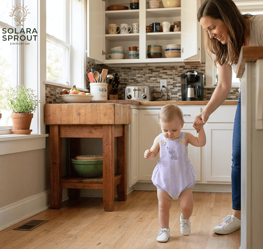 Mom helping baby in Elephant Baby cotton Romper walk in a bright kitchen with wooden accents.