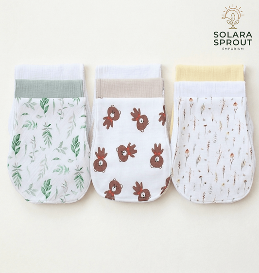 muslin-toweling 3 pack multi-color burp cloths — sage leaf design, soft and absorbent