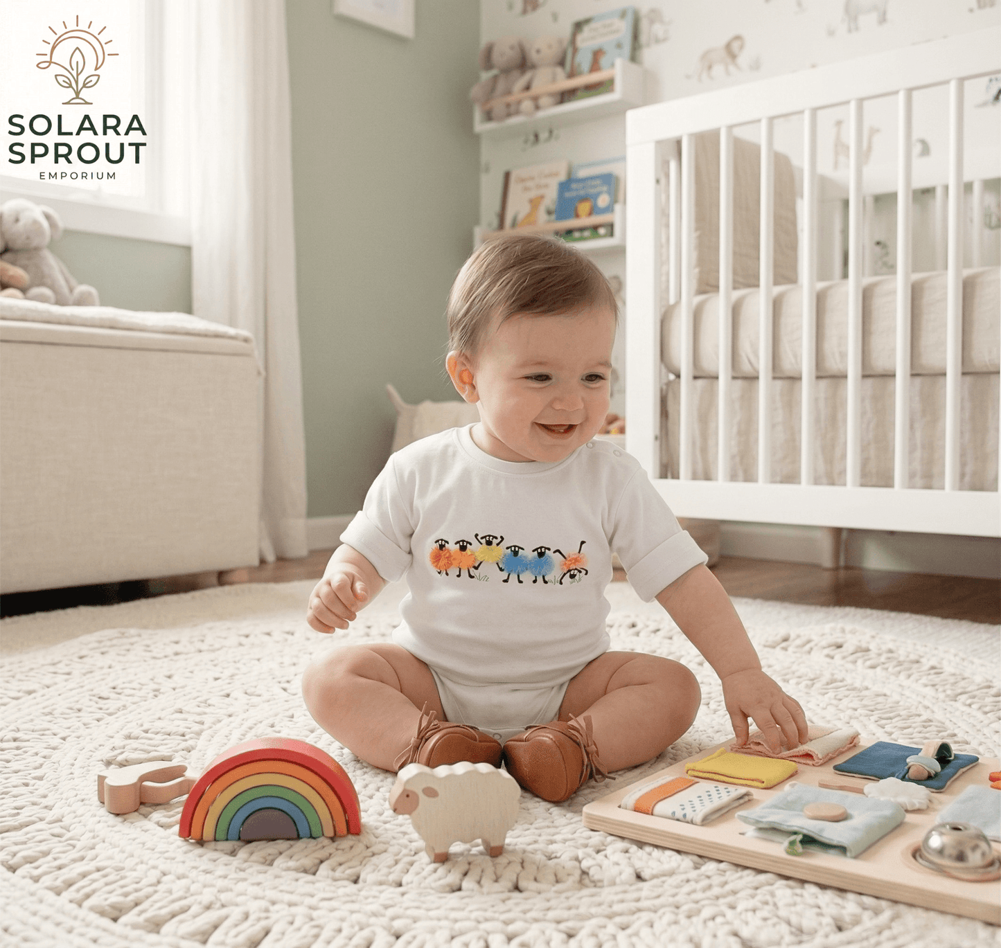 A baby wearing a Sheep Baby Cotton Tee Romper Fringed Embroidery sits on the floor surrounded by toys in a cozy nursery.