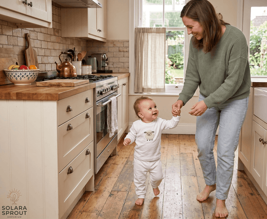 Baby's First Steps Supporting Your Little One's Milestones – mom helping baby walk in a warm kitchen – Solara Sprout