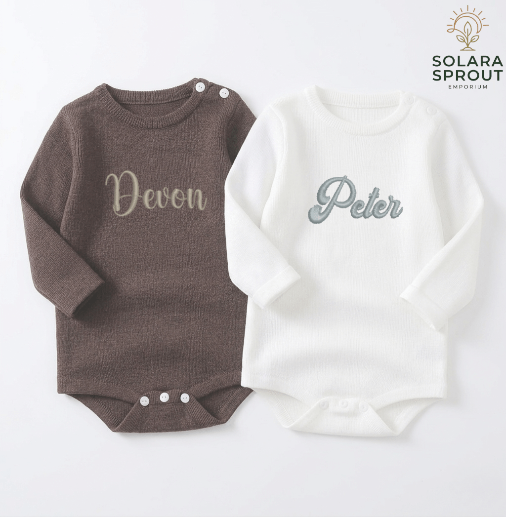 Personalized Baby Name Knit Romper in soft premium yarn — custom baby gift by Solara Sprout