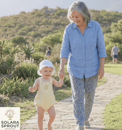 Cute as Can Bee Baby Cotton Romper worn by a happy baby walking with a grandmother outdoors.