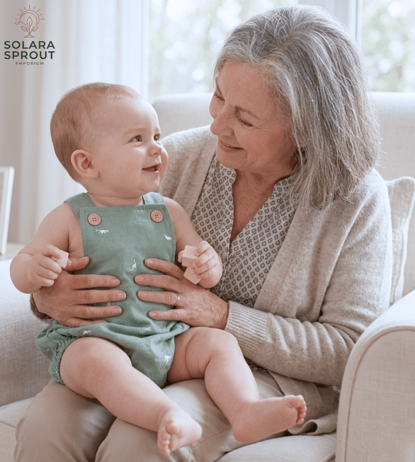 Happy baby wearing Dinosaurs Embroidered baby Cotton Romper sitting with grandmother.