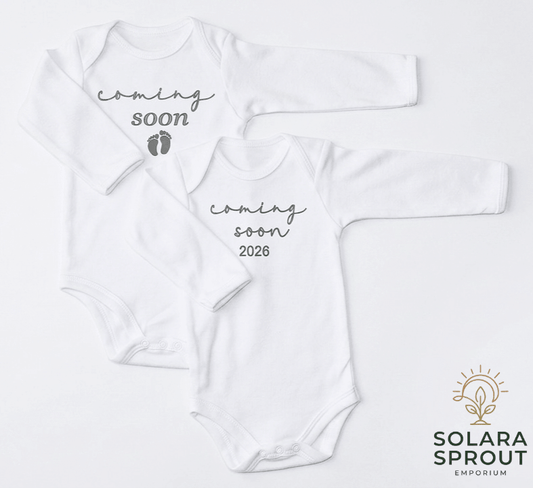 Coming soon baby grow announcement – pregnancy reveal bodysuit – Solara Sprout