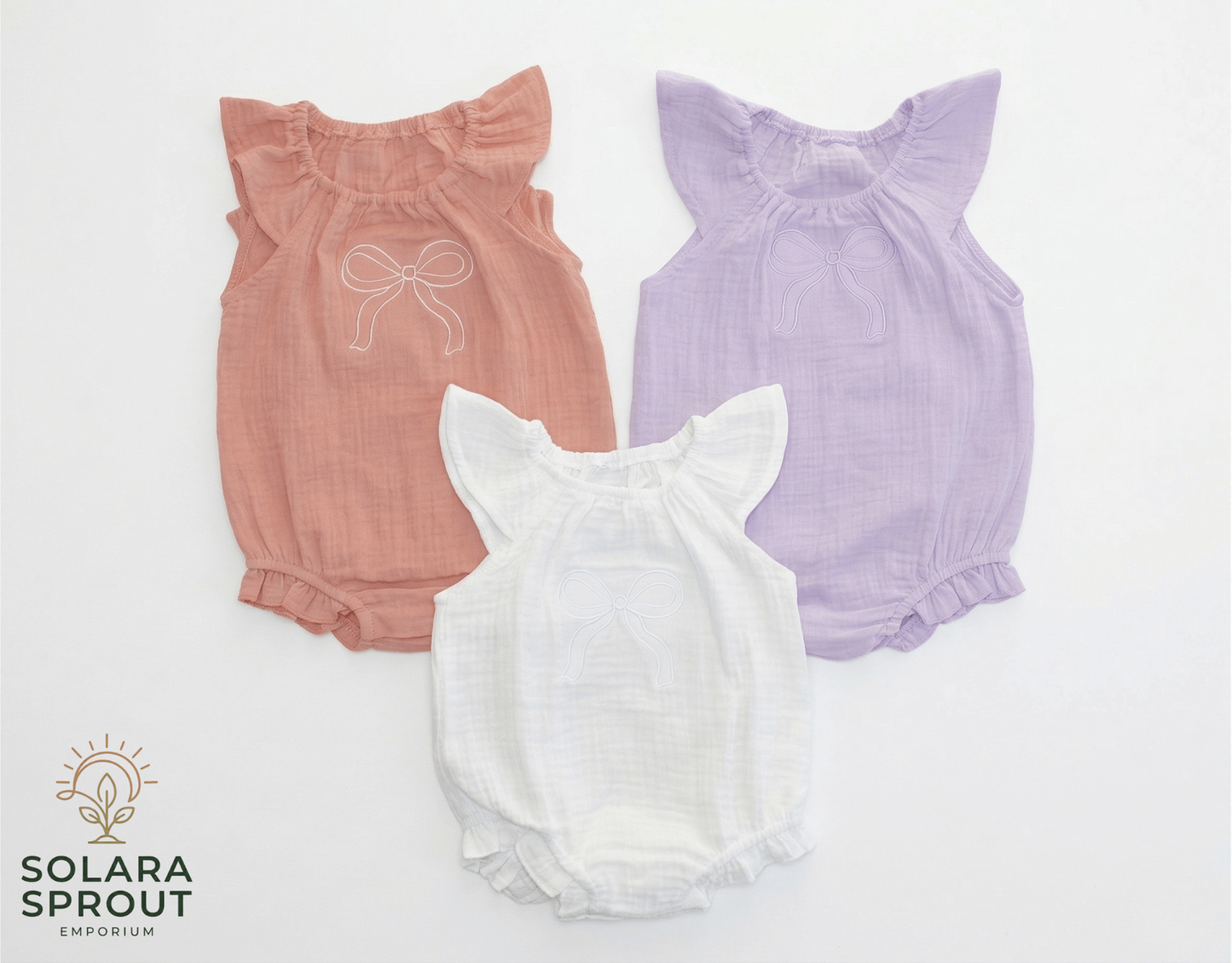 Pastel embroidered bow baby rompers – delicate bow detail baby romper – Solara Sprout