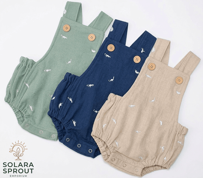 Dinosaurs Embroidered baby Cotton Romper in sage green, navy blue, and beige with playful dinosaur embroidery.