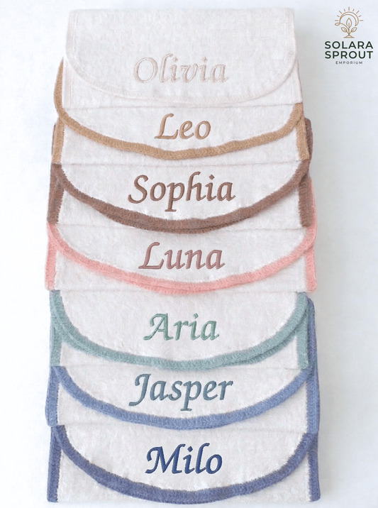 Burp Cloth Toweling Embroidered Baby Name merino crochet border personalised gift