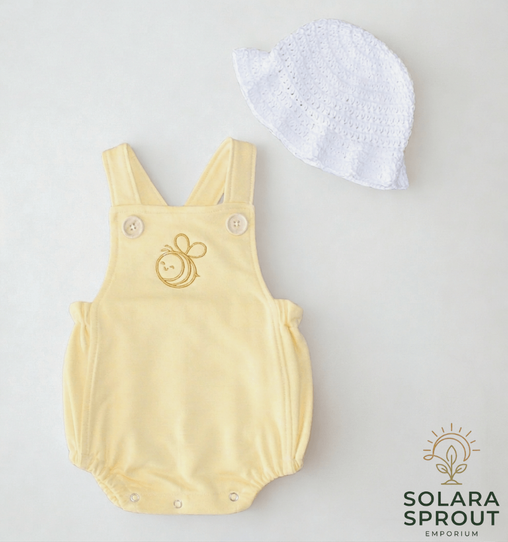 Cute as Can Bee Baby Cotton Romper in yellow with white crochet hat, perfect for baby outfits and nursery outings.
