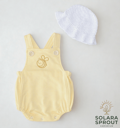 Cute as Can Bee Baby Cotton Romper in yellow with white crochet hat, perfect for baby outfits and nursery outings.