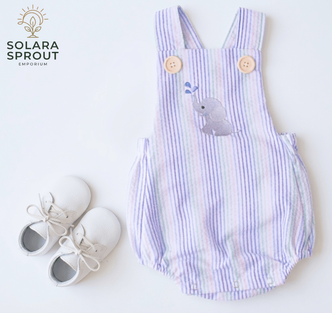 Elephant Baby Cotton Romper striped design with embroidered elephant and white shoes, perfect for infants.