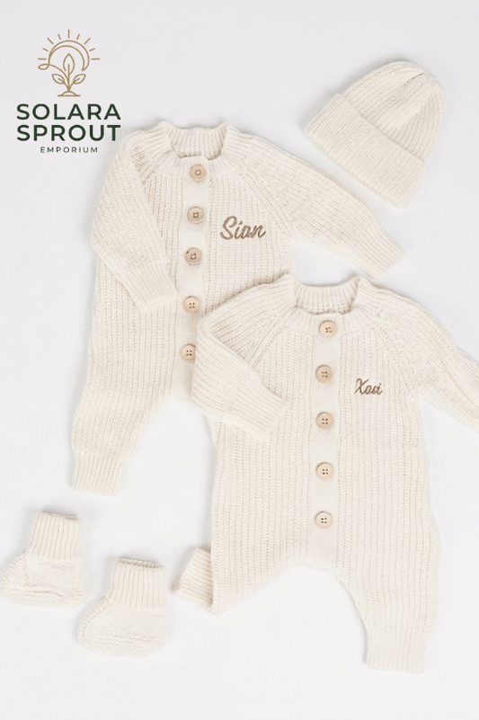 Custom baby jumper knitwear set – soft wool baby set with hat and booties – Solara Sprout