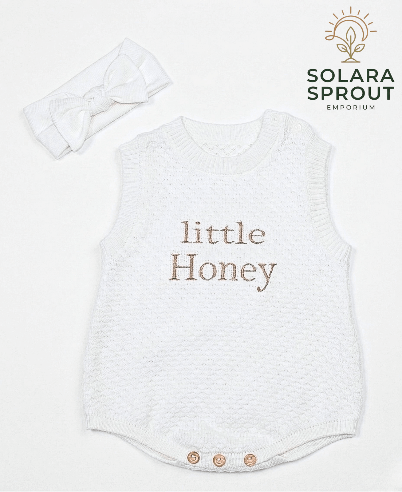 Little Honey knitted baby romper set – soft knit baby outfit – Solara Sprout