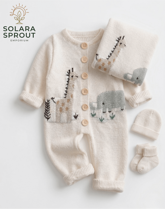 Wild animal knitted cozy baby jumper – giraffe design – Solara Sprout