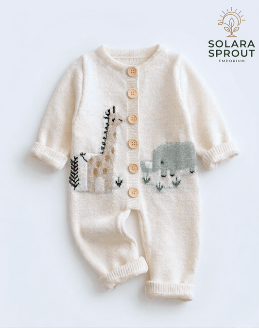Wild animal knitted cozy baby jumper – elephant knit design – Solara Sprout