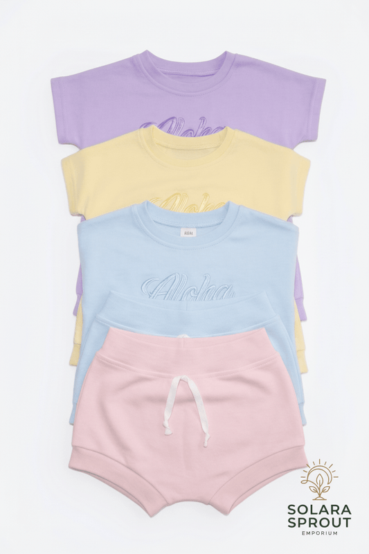 Beach Bum Aloha baby outfit sets – Aloha embroidery sweatshirt and shorts – Solara Sprout