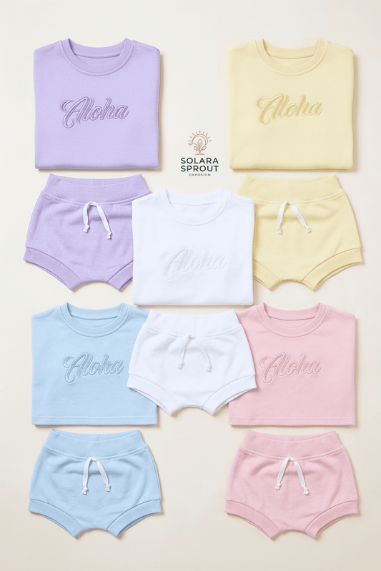 Beach Bum Aloha baby outfit sets – matching cotton tee and shorts – Solara Sprout