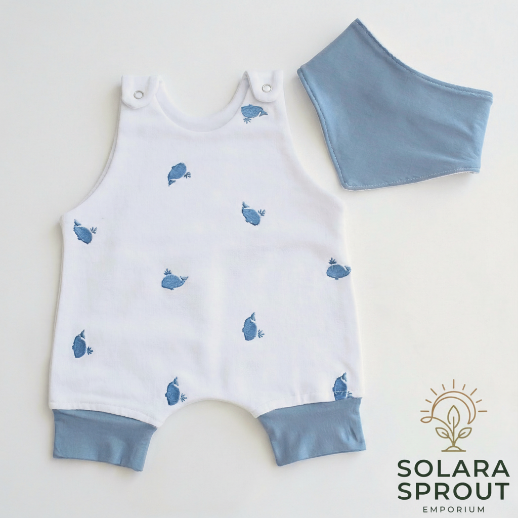 Whale baby romper with matching bandana bib set – ocean embroidery outfit – Solara Sprout