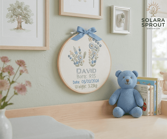 Custom embroidered Name & Birth Date Nursery Keepsake - Solara Sprout Emporium