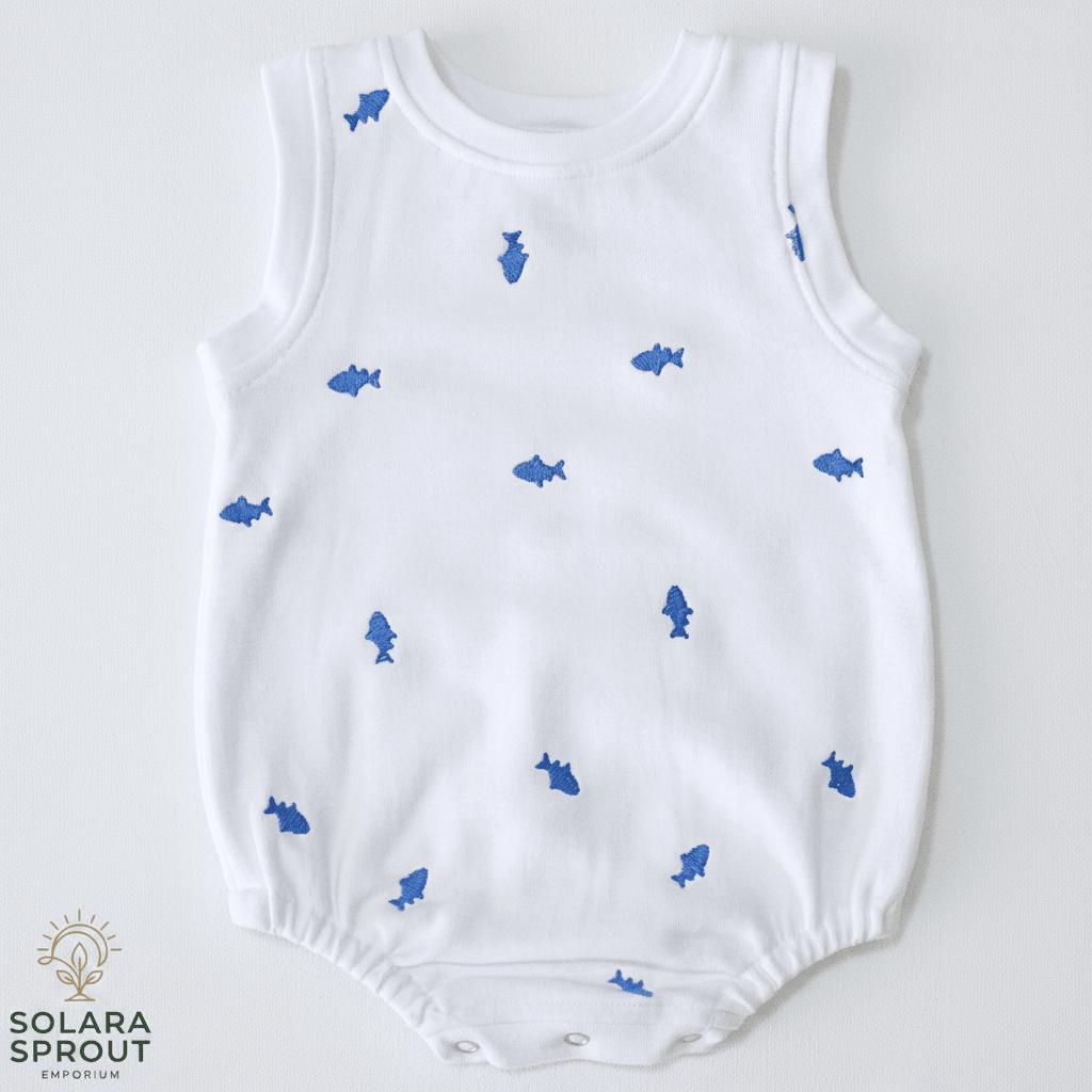 Little Fish Baby baby cotton Romper with blue embroidered fish — front view
