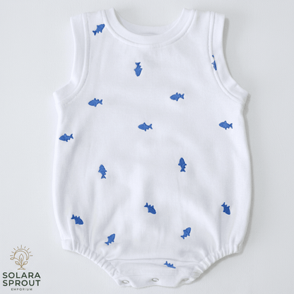 Little Fish Baby baby cotton Romper with blue embroidered fish — front view